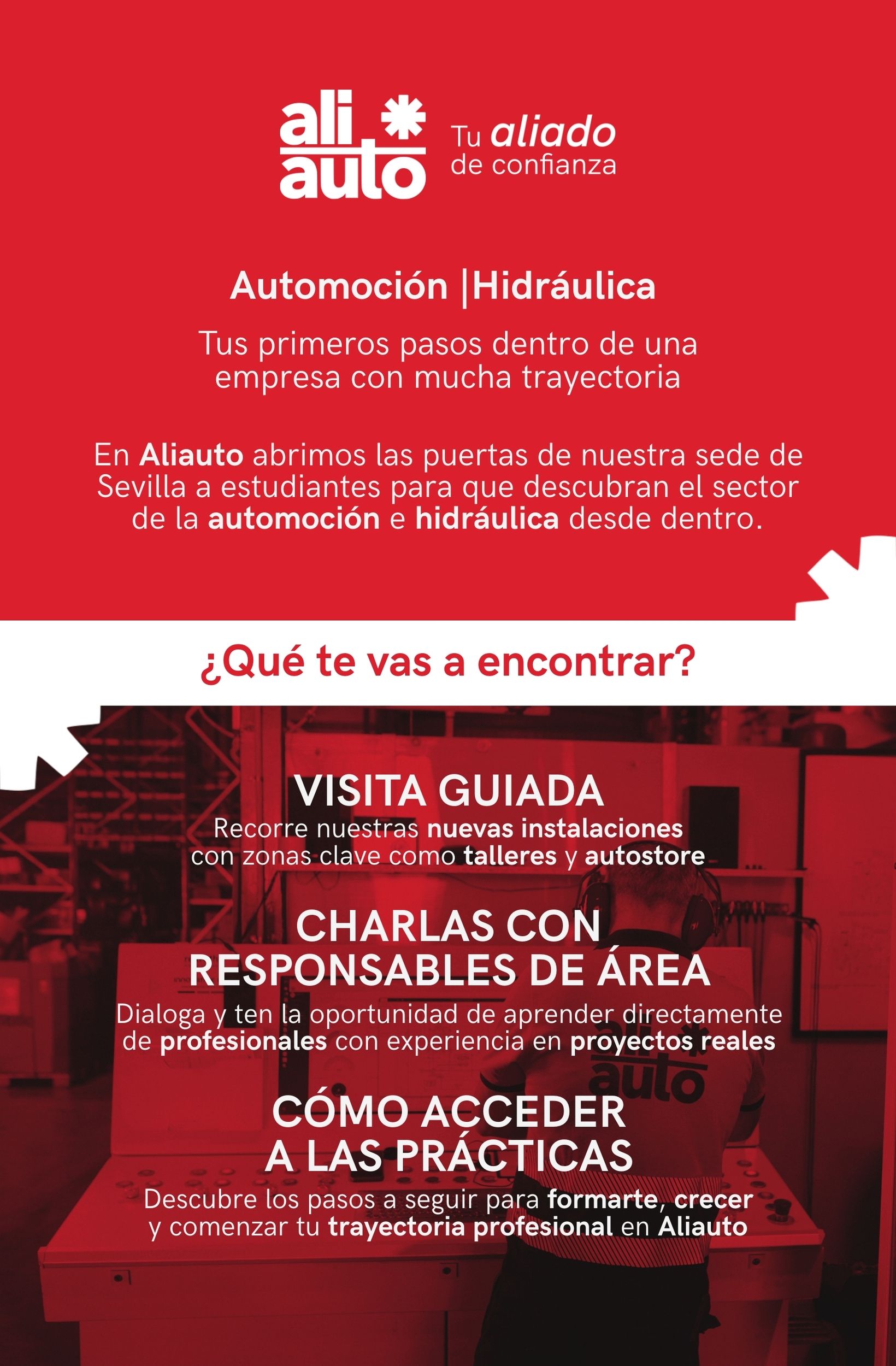 Flyer de jornadas de puertas abiertas en Alcalá de Guadaíra para estudiantes de automoción o hidráulica