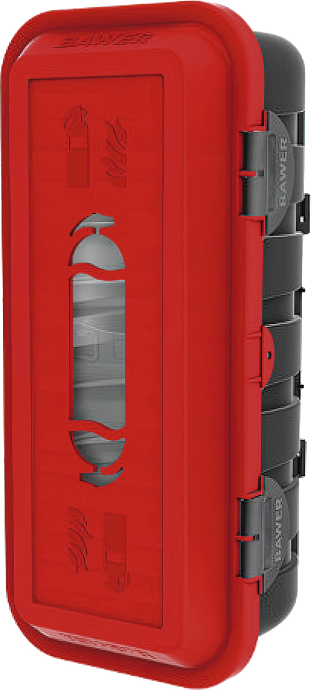 Caja portaextintor roja para camión tapa transparente